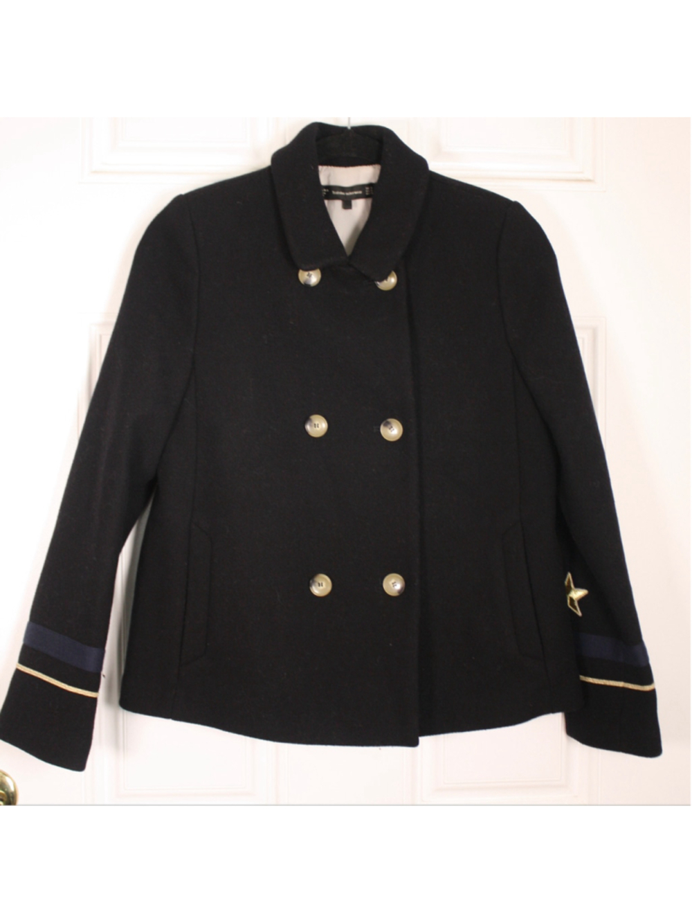Zara Trafaluc XS Wool Blend Military Peacoat Lovers Embroidered Black Jacket - Picture 2 of 13